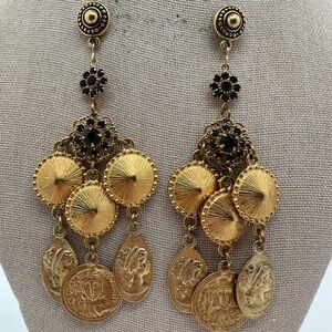 Gold tone boho style JBB PE marked coin dangle earrings
